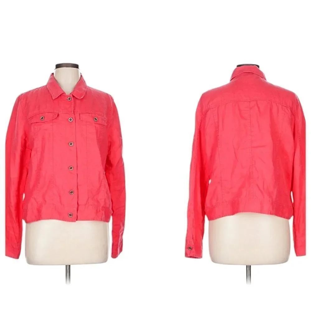 Eileen Fisher 100% Organic Linen Button Front Jacket Pomegranate Pink Red L